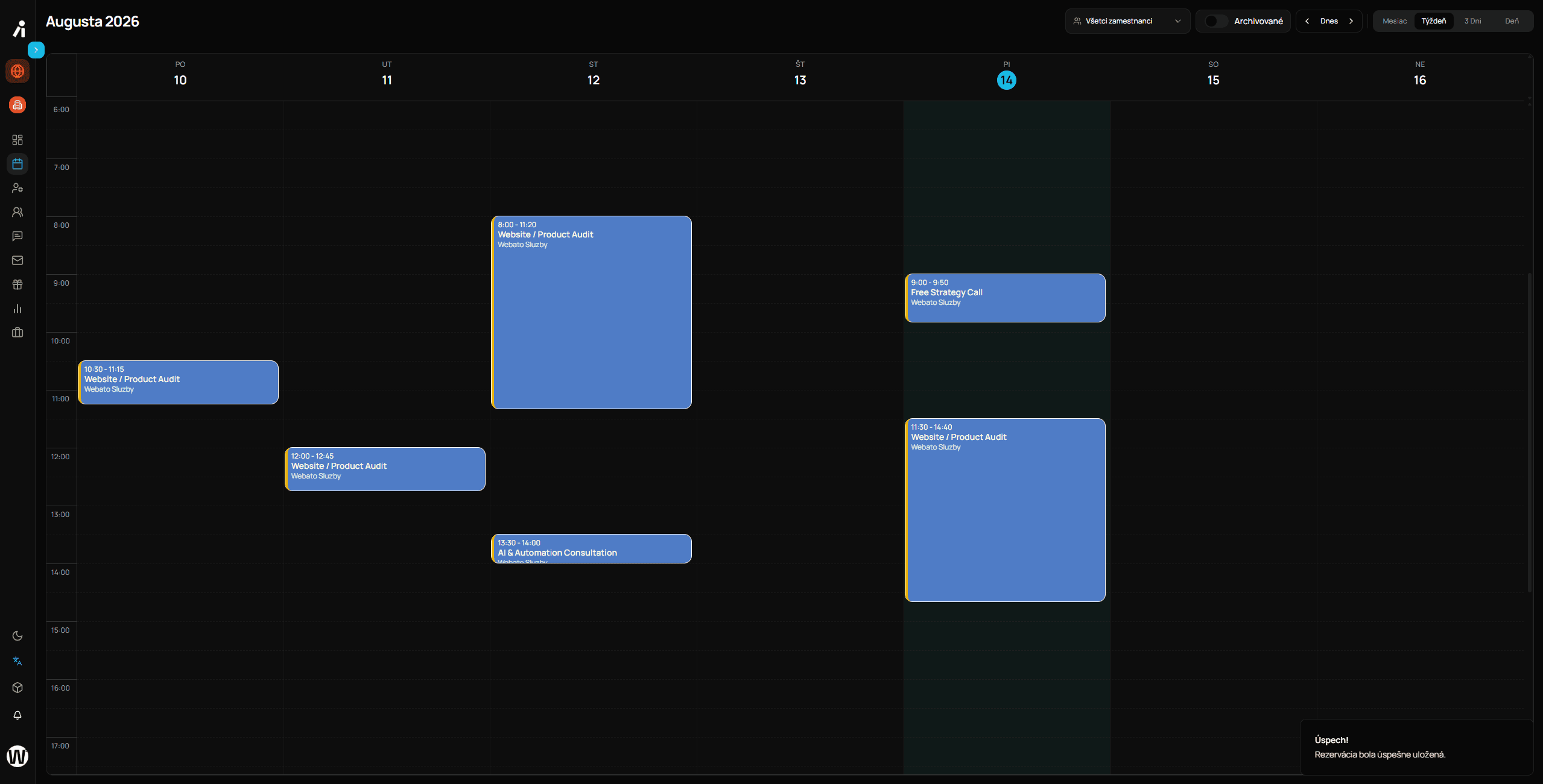 Screenshot: Real-time kalendár a správa rezervácií v aplikácii